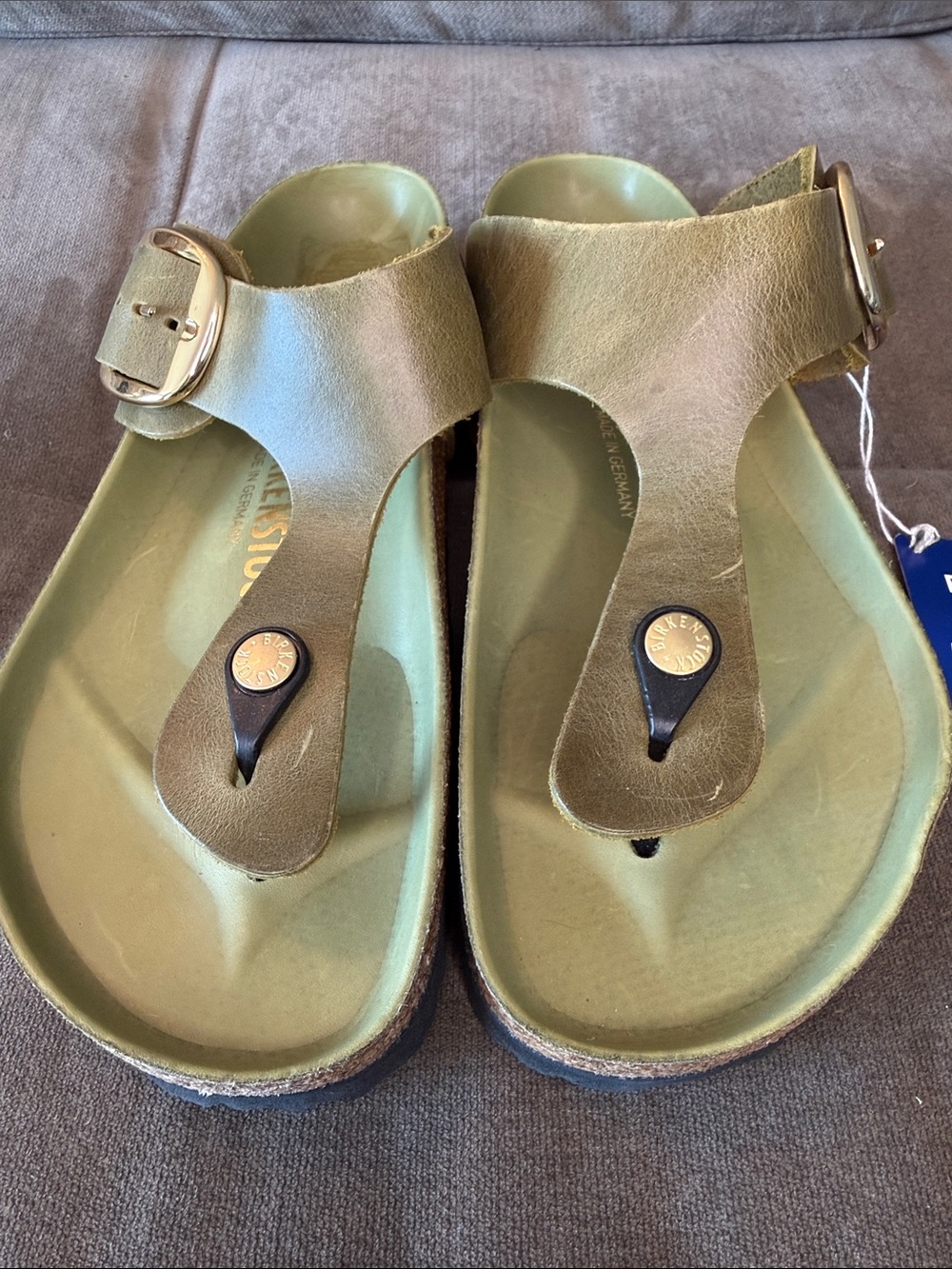 Birkenstock Gold Big Buckle Gizeh Olive Green Thong Sandals - Picture 2 of 8